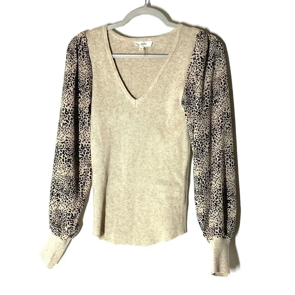 Ruthie Grace Entro Awakening Ribbed Knit Leopard Puff Sleeve Top Size Medium
